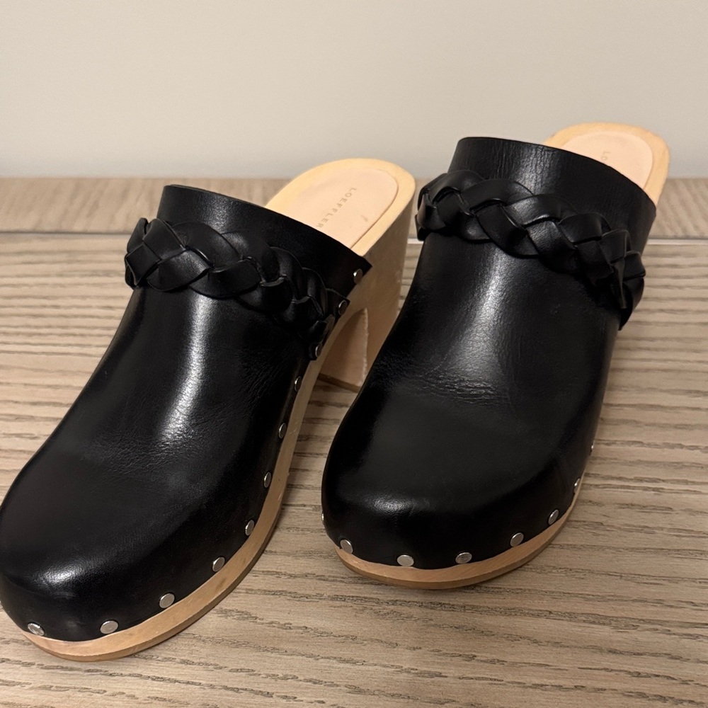 Loeffler Randall Black Leather Clogs with Braided Detail